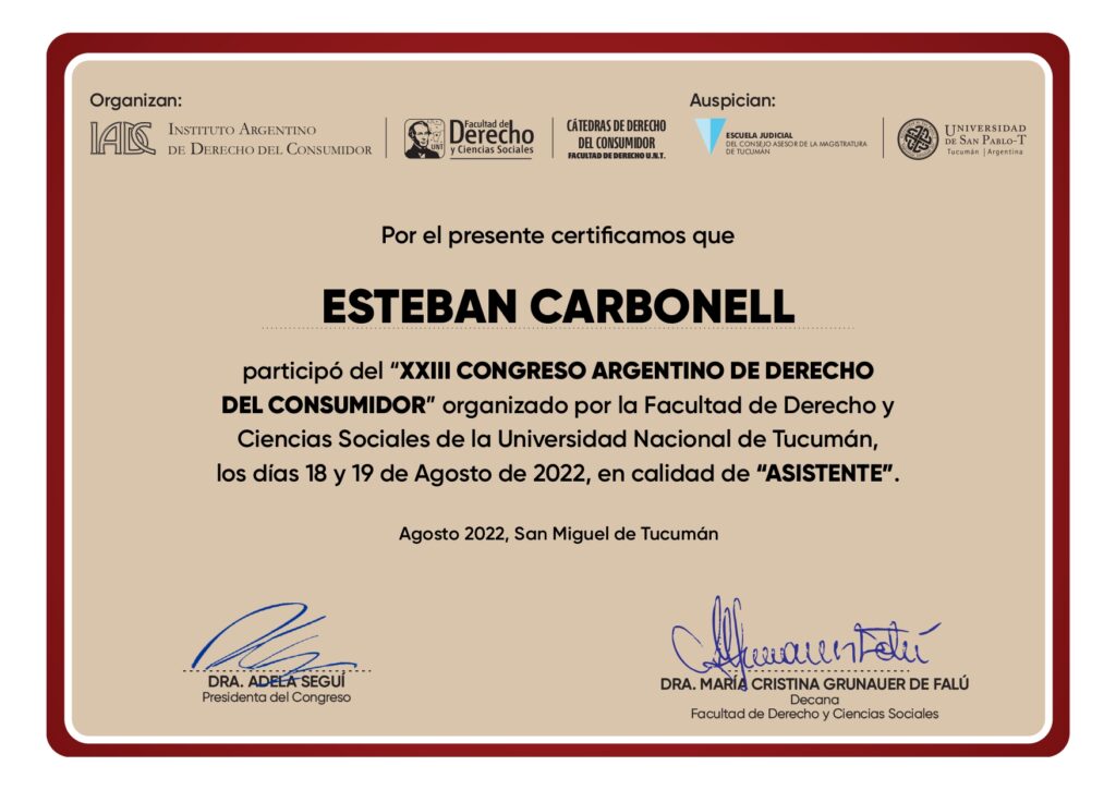 Certificado por la participación en el "XXIII Congreso Argentino de Derecho del Consumidor"