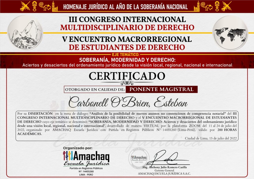 Diploma III Congreso Internacional Multidisciplinario de Derecho