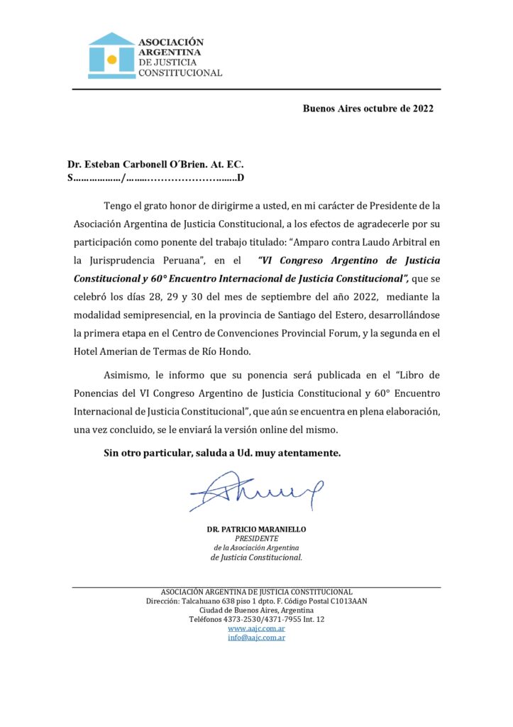 Certificado por la ponencia en el "VI Congreso Argentino de Justicia Constitucional y 60° Encuentro Internacional de Justicia Constitucional"